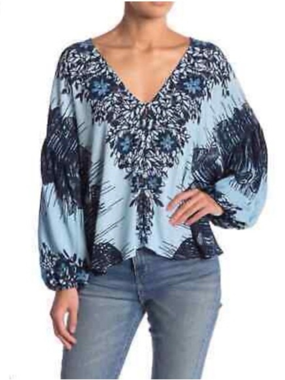 Free People Oversized Blue Floral Boho Peasant Blouse Rayon Balloon Sleeve Large